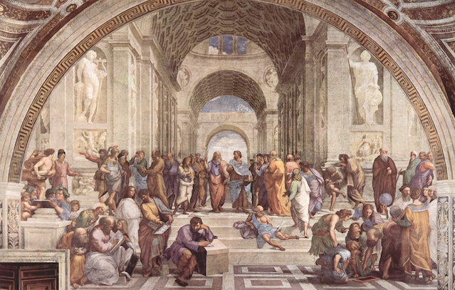 Schilderij: de school van Athene met Griekse filosofen die lange baarden dragen