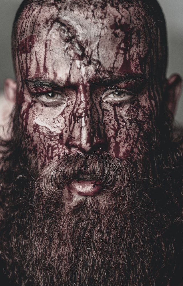 Bebloede Viking gezicht en baard