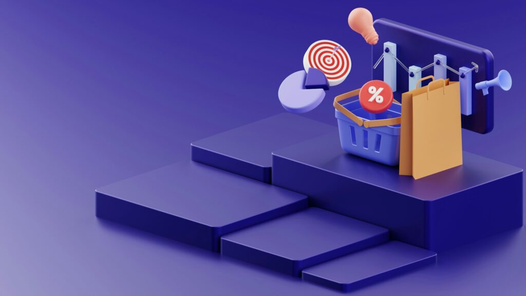 3D illustratie van winkelmand en marketingiconen visualiseert groei van een Shopify webshop