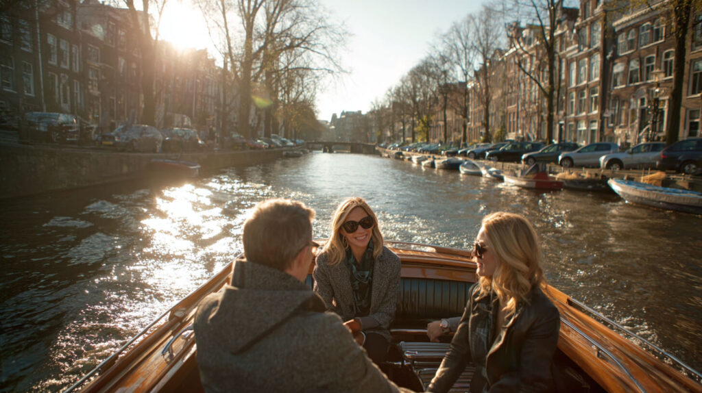 Bezoekers varen door de Amsterdamse grachten als onderdeel van een vakantie in eigen land