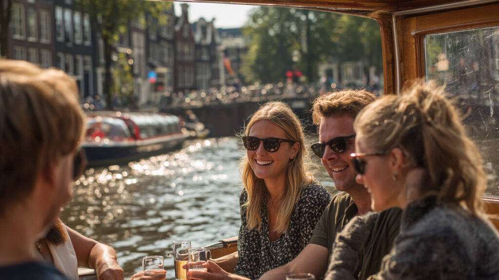 Groep geniet van een boottocht door de Amsterdamse grachten tijdens een vakantie in eigen land