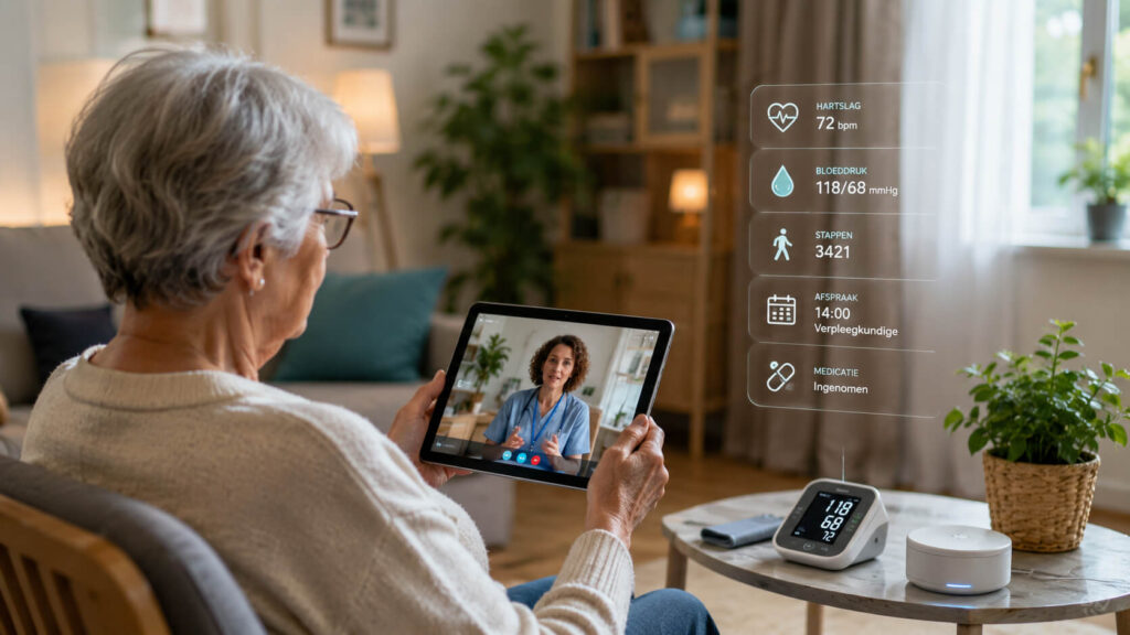 Oudere gebruikt tablet voor beeldbellen en monitoring binnen dementiezorg thuis met gezondheidsgegevens