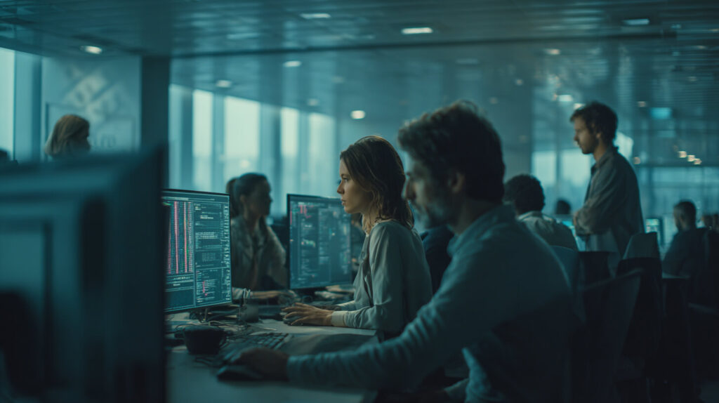 IT-team werkt ’s avonds aan softwareontwikkeling en cybersecurity op kantoor