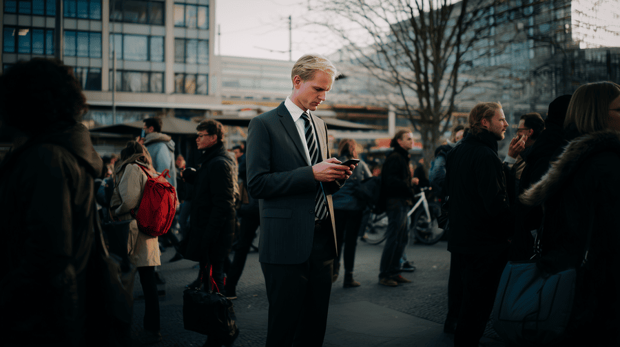 zakenman in drukke mensenmenigte