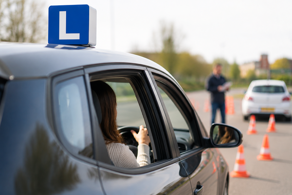 Leerling volgt een rijles op een oefenterrein onder begeleiding van een rijinstructeur