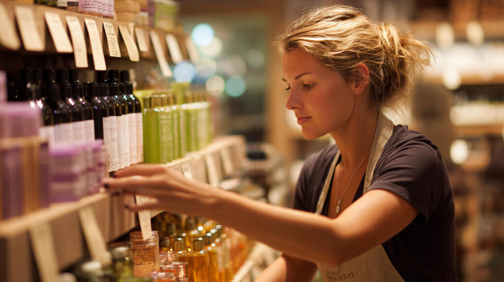 Medewerker vult het schap aan met biologische producten in een gespecialiseerde winkel.