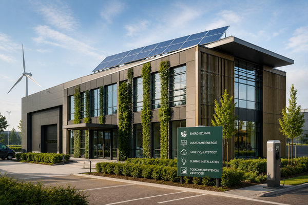 Modern duurzaam bedrijfspand met zonnepanelen, laadpaal en energiezuinige architectuur passend bij de nieuwe Europese gebouweisen