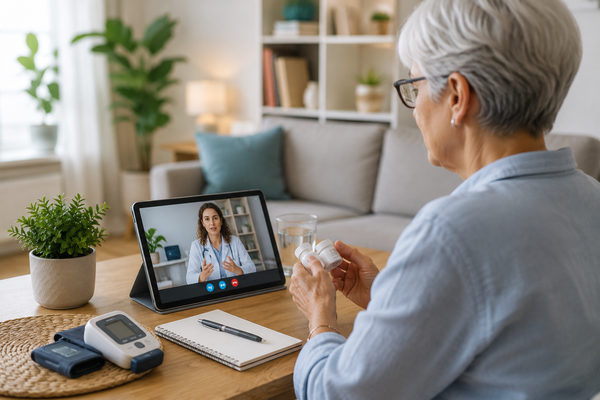 Oudere vrouw voert een videoconsult met een zorgverlener vanuit haar eigen woning