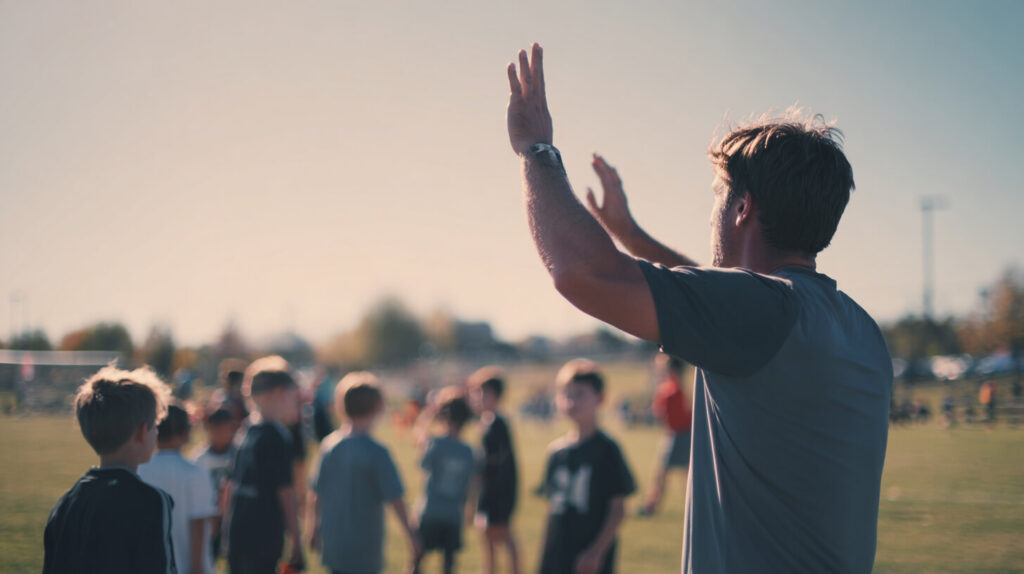 Trainer begeleidt jeugdleden tijdens een activiteit van lokale sportverenigingen op het sportveld.