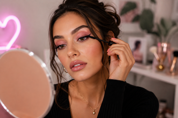 Vrouw brengt mascara aan voor een spiegel en benadrukt haar lange wimpers en expressieve oogmake-up