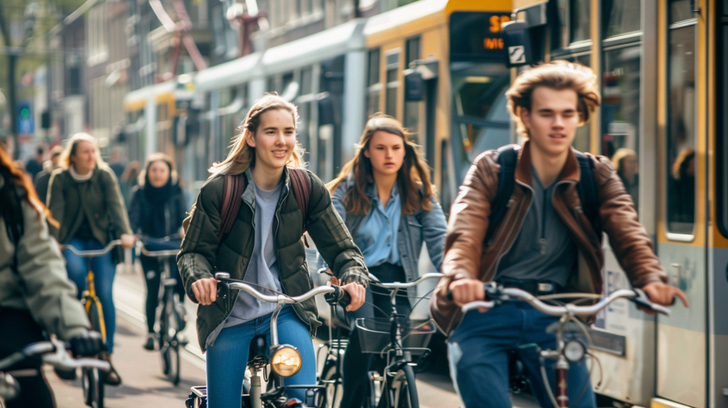 Jongeren fietsen naast een tram in een drukke stadsstraat.