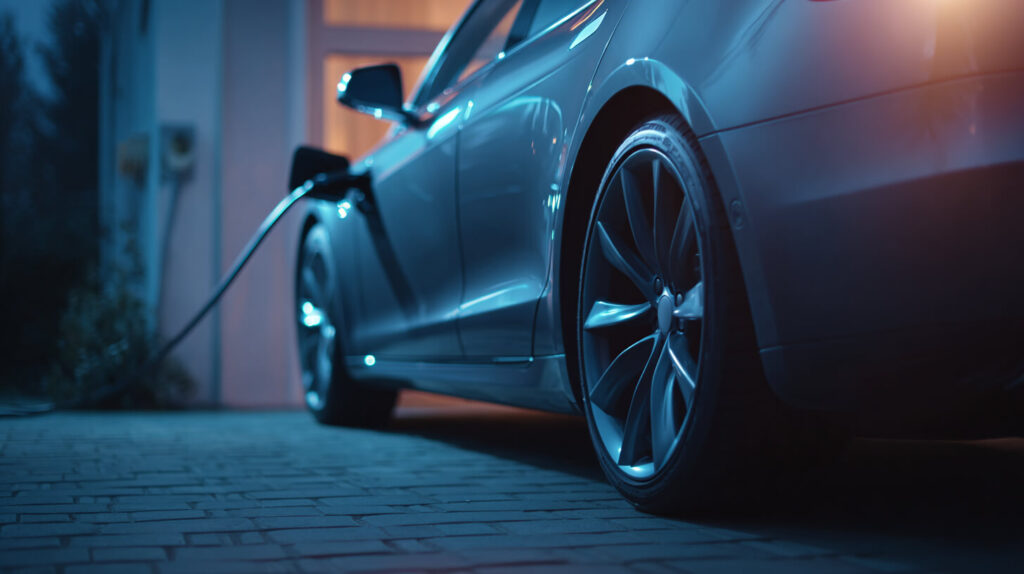 Close-up van een elektrische auto die 's avonds wordt opgeladen aan de laadkabel bij een woonhuis