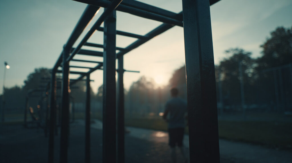Close-up van een klimrek met rekstokken op een sportplein, met een sporter op de achtergrond bij zonsopgang