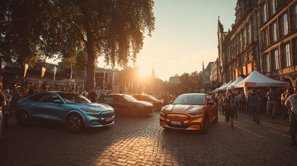 Bezoekers bekijken elektrische auto's tijdens een buitenevenement op een historisch plein bij zonsondergang