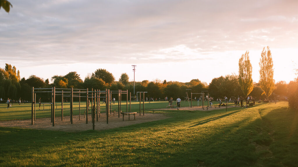 Buitenfitnesszone met rekstokken en trainingstoestellen op een groen sportplein bij avondlicht
