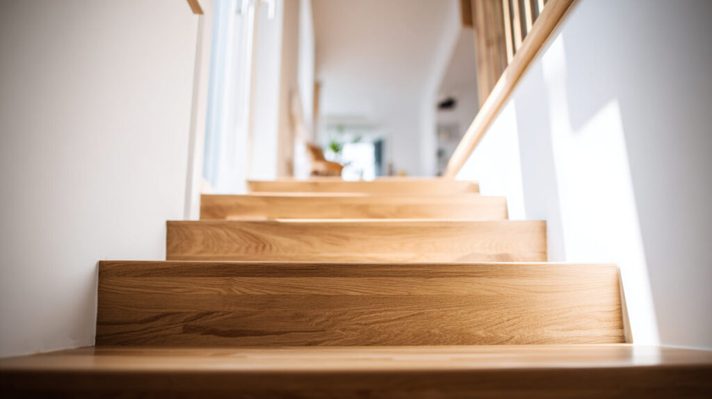 Perspectief langsheen een moderne houten trap met witte muren en een handgreep, richting een lichte woonruimte