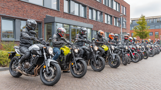 Groep cursisten op motoren klaar voor een motorrijles bij een rijschool.