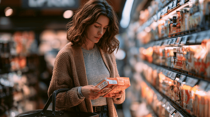 Vrouw vergelijkt twee productverpakkingen in de supermarkt.