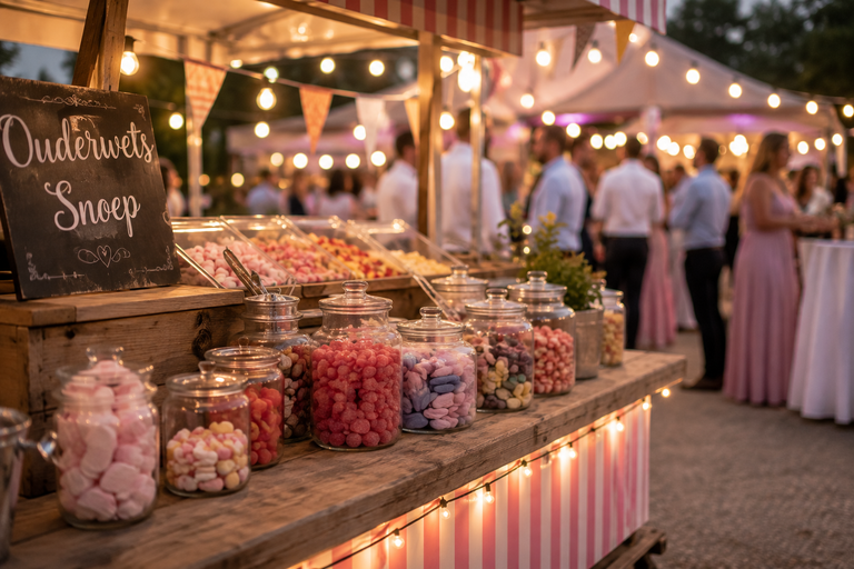 stand met ouderwets snoep op bruiloft feest