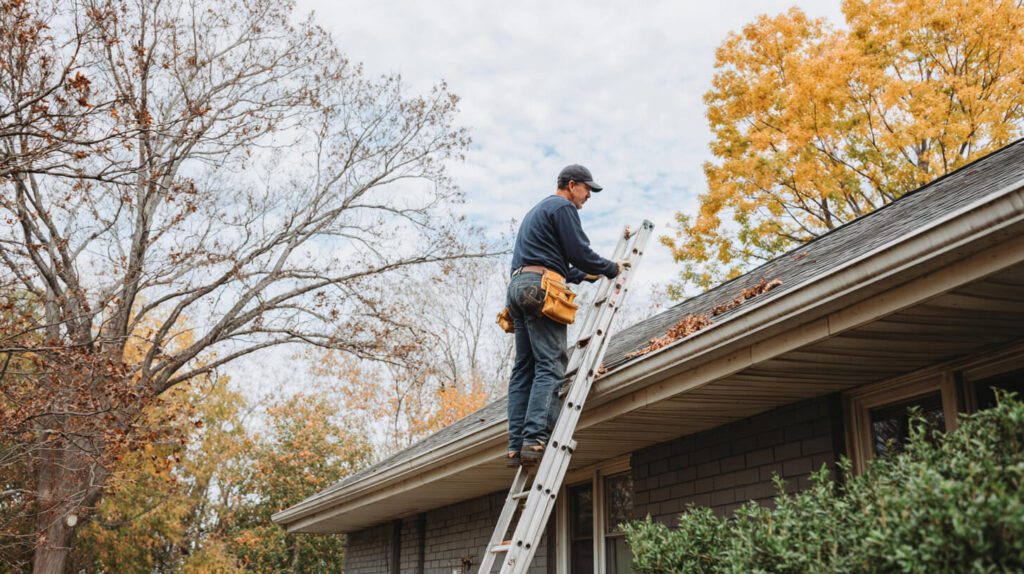 Vakman op een ladder verwijdert bladeren uit de dakgoot van een woning tijdens de herfst