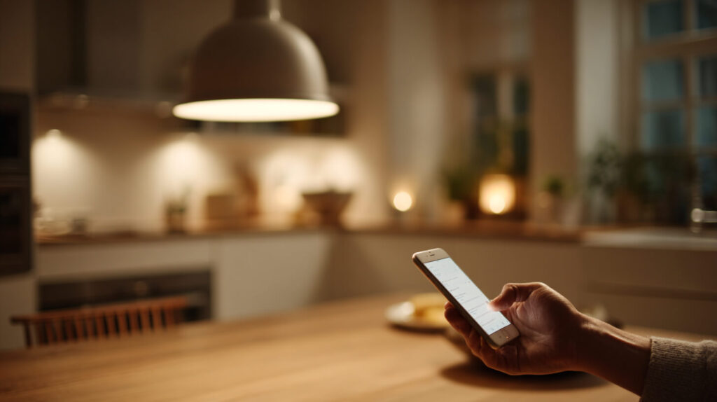 Iemand bedient de sfeerverlichting in de keuken via een app op de smartphone, met een verlichte hanglamp op de achtergrond