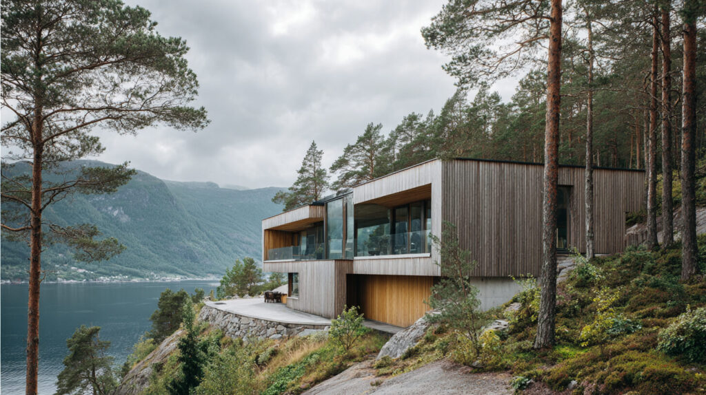 Luxe houten vakantiewoning op een rotsachtige heuvel boven een Noors fjord, omringd door dennenbos