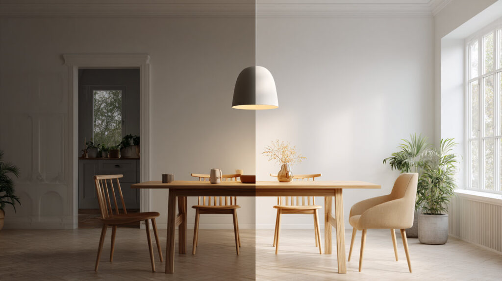 Verlichte eettafel toont het verschil tussen warm en koel licht bij een hanglamp boven een houten tafel in een lichte woonkamer