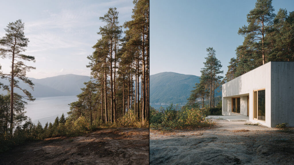 Bouwlocatie tussen dennen met fjorduitzicht die overgaat in een voltooide moderne vakantiewoning met betonnen gevel