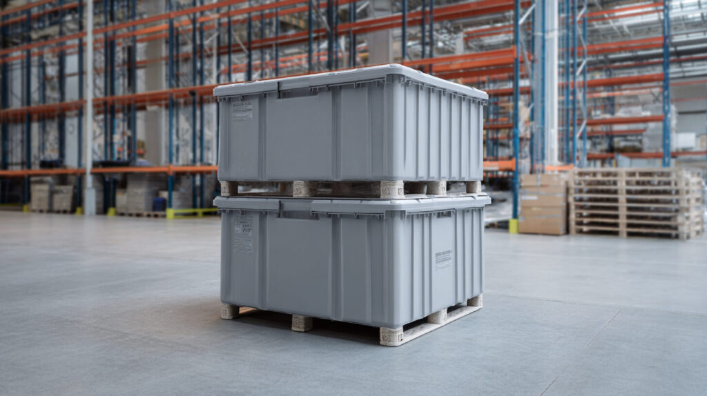 Twee grijze kunststof palletboxen gestapeld op houten pallets in een magazijn met stellingen op de achtergrond