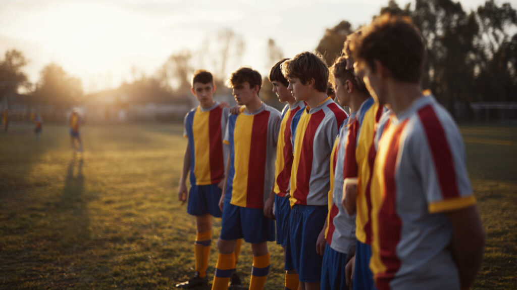 Voetballers in bijpassende wedstrijdshirts staan in een rij naast elkaar op het veld tijdens een training bij zonsondergang