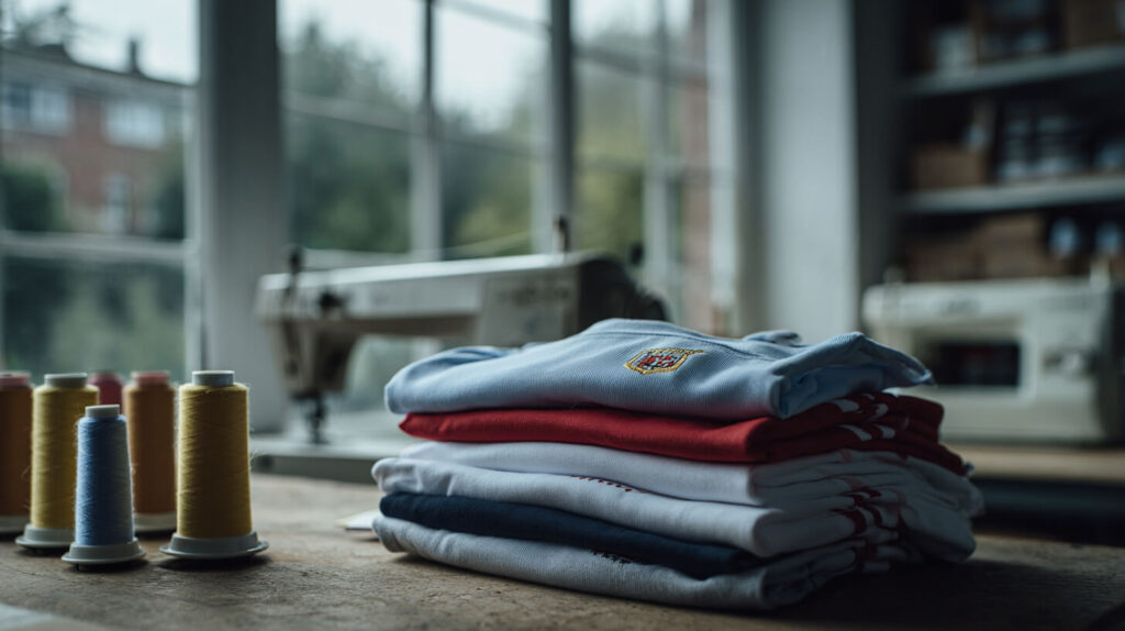 Opgevouwen wedstrijdshirts in clubkleuren met een geborduurd embleem op een werktafel naast kleurrijke garenklosjes en een naaimachine