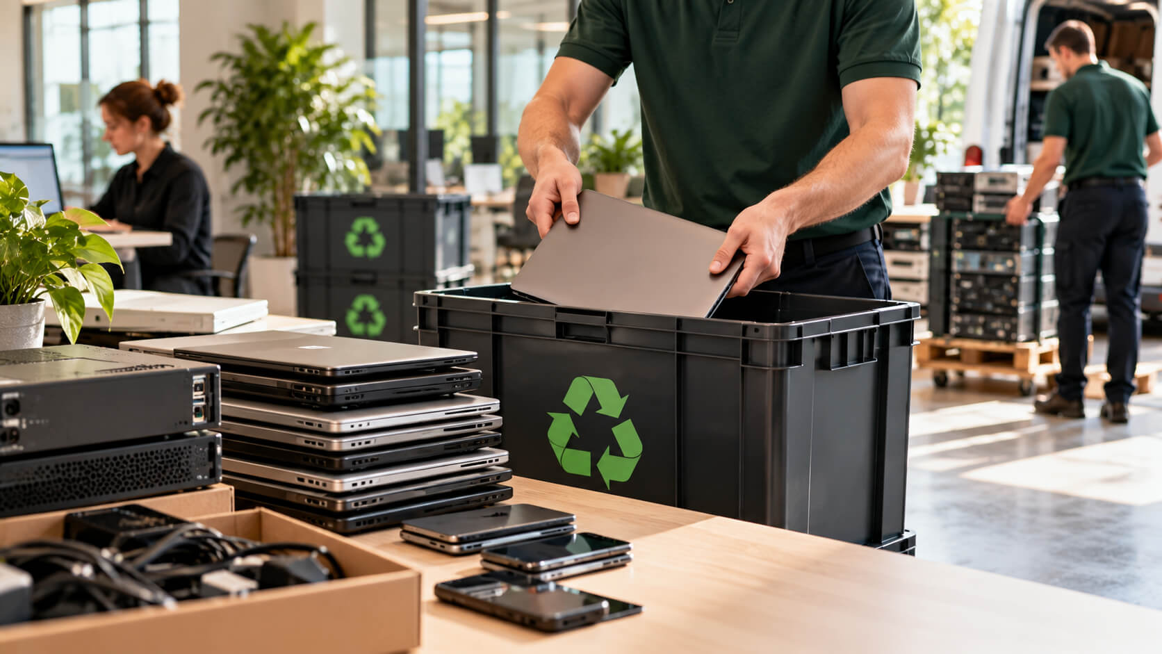 Medewerker in groen poloshirt legt een afgeschreven laptop in een zwarte kunststof kist met recyclesymbool in een kantoor