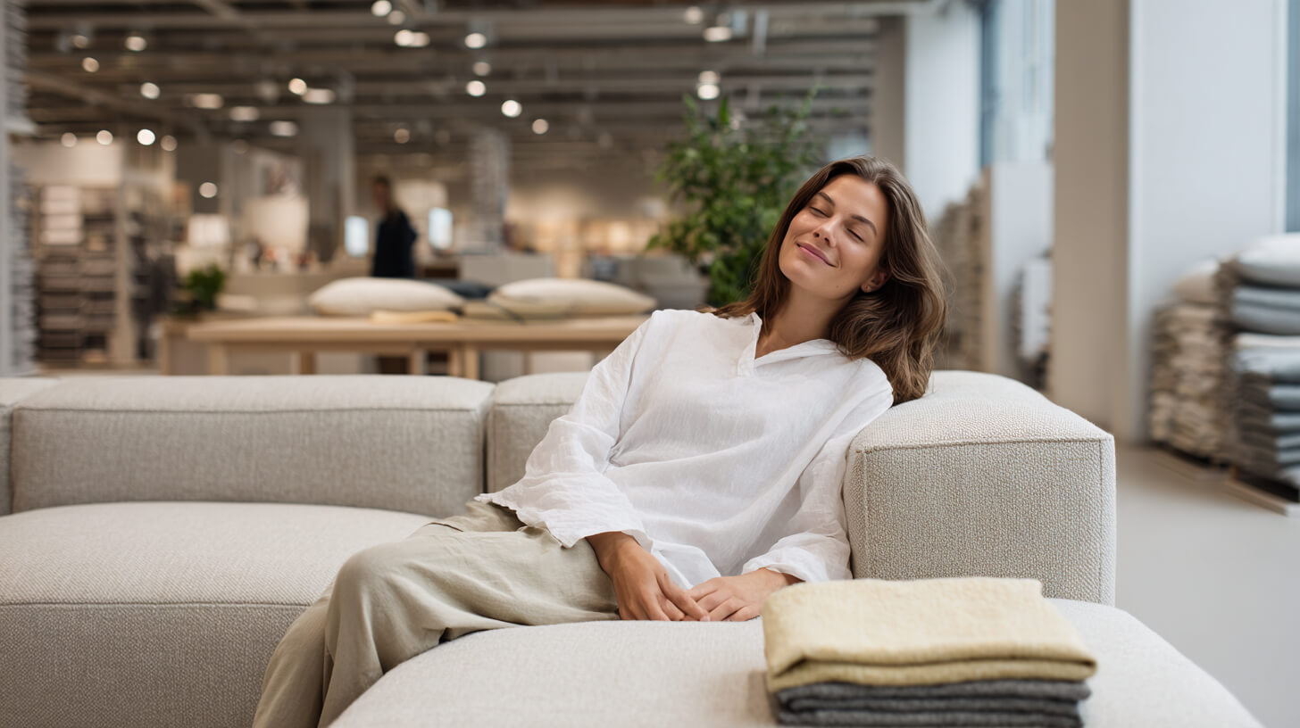 Vrouw zit ontspannen op een lichte hoekbank in een meubelshowroom en test het zitcomfort, met plaids op de zitting