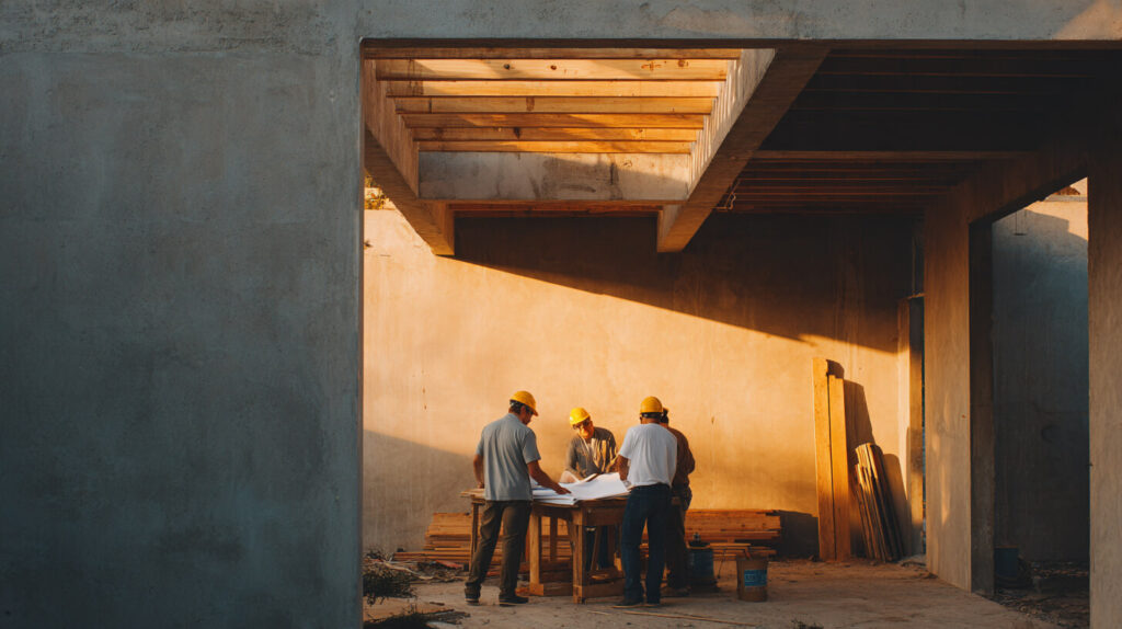 Drie bouwvakkers met veiligheidshelmen bestuderen samen een bouwtekening op een werktafel binnen een casco in aanbouw, bij warm avondlicht
