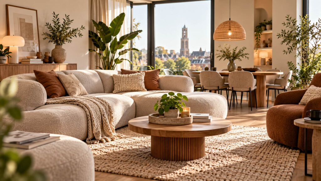 Warme woonkamer met ronde bouclé bank, houten salontafel en rotan hanglamp, met uitzicht op de Utrechtse Domtoren
