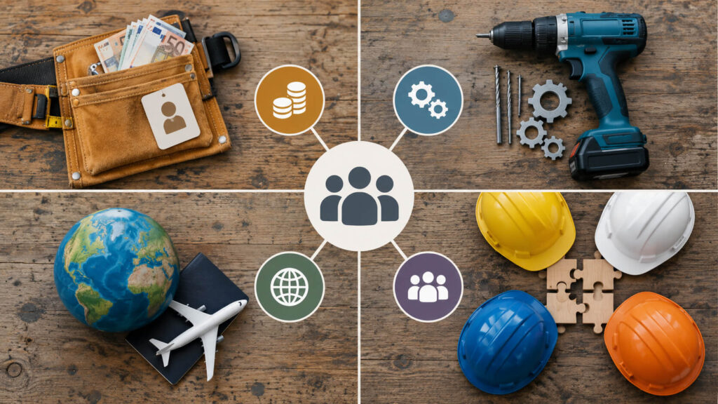 Infographic met vier maatregelen tegen het personeelstekort in de bouw: hogere lonen, automatisering, internationale werving en samenwerking tussen bouwbedrijven