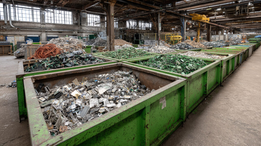 Groene containers in een industriële hal gevuld met gesorteerde elektronica-onderdelen, printplaten en koperdraad