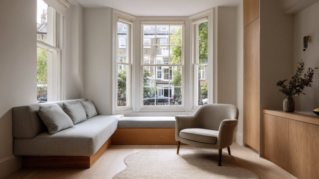 Smalle woonkamer met een ingebouwde hoekbank bij de erker, een bouclé fauteuil en eiken kasten met opbergruimte