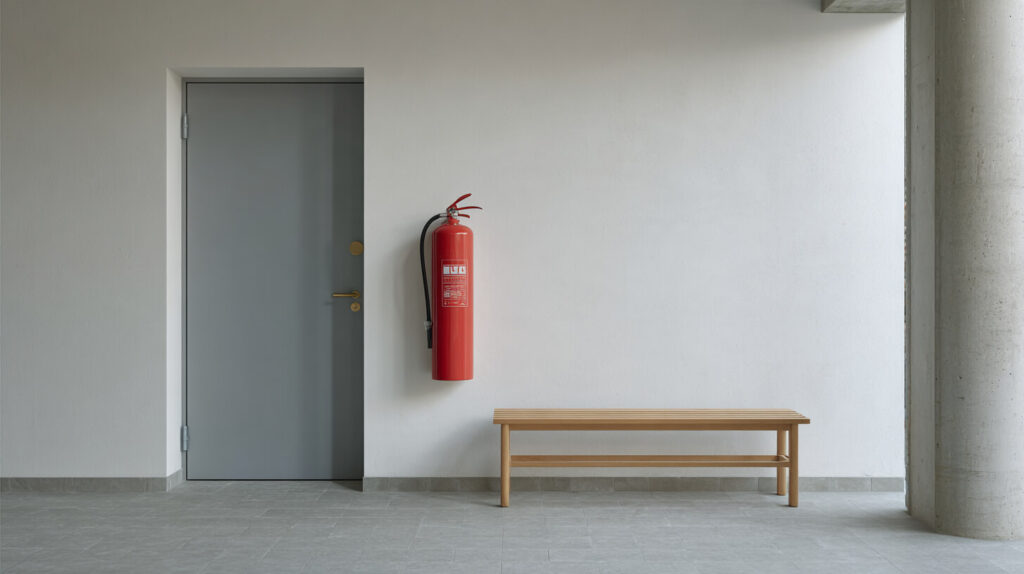 Rode brandblusser aan een witte muur naast een grijze deur en een houten bankje in een gang van een bedrijfspand