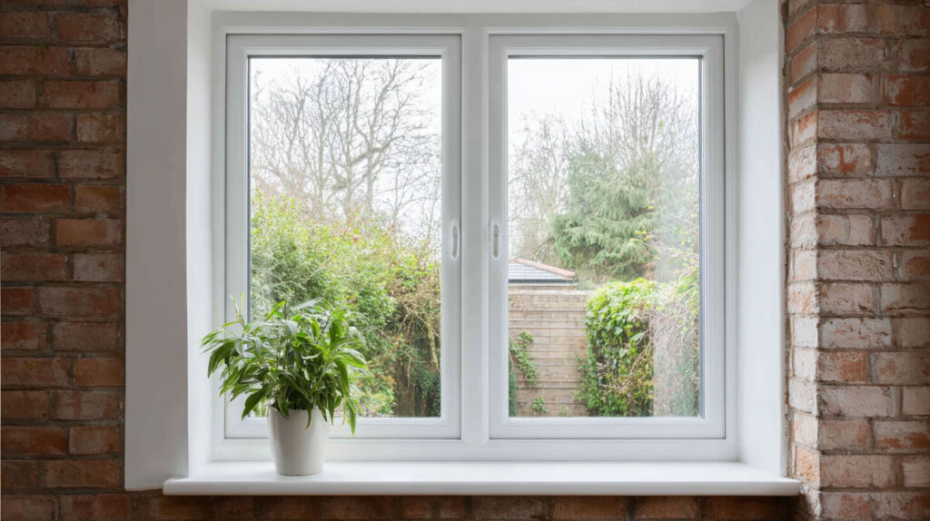 Isolerend dubbel glas in een wit kozijn tussen rode baksteen, met een groene plant op de vensterbank
