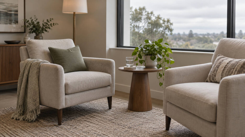 Twee comfortabele fauteuils met een kleine houten bijzettafel en een plant in een rustige gespreksruimte bij het raam