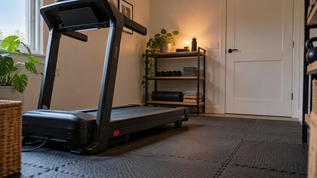 Zwart cardioapparaat op rubberen vloertegels in een thuisgym, met een plantenrek en halters op de achtergrond