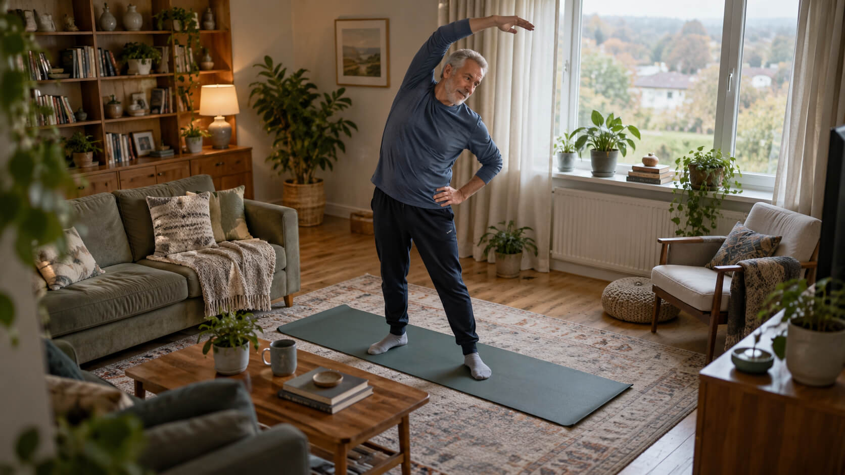 Oudere man rekt zich zijwaarts uit op een yogamat in een gezellige woonkamer met bank, planten en boekenkast