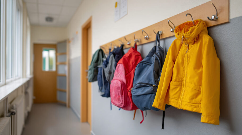 Gele jas en rugzakjes hangen aan een kapstok in een lichte gang van een kinderopvang