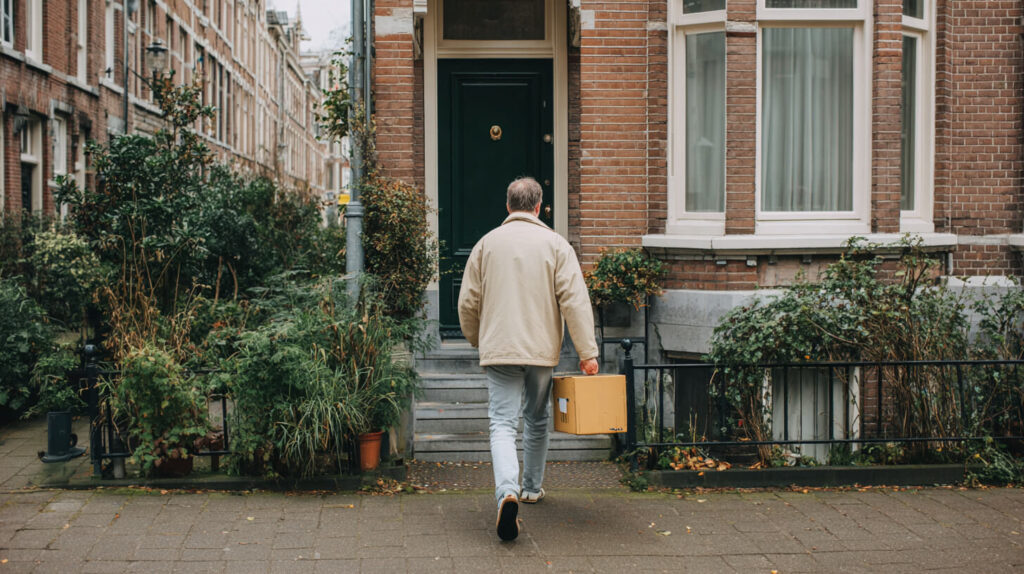 Man in beige jas loopt met een kartonnen doos naar de groene voordeur van een Amsterdams woonhuis, een medicijnlevering aan huis