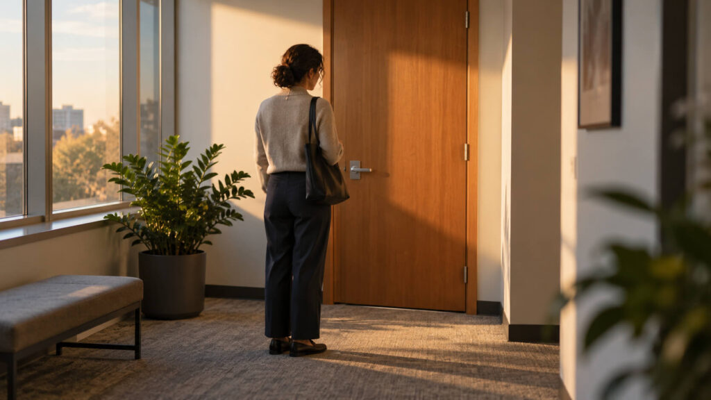 Vrouw met tas staat aarzelend voor een gesloten houten deur in een lichte kantoorgang, voor een gesprek over ongewenst gedrag