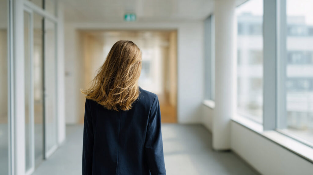 Vrouw in donkerblauwe blazer loopt door een lichte, vrije kantoorgang richting een groen nooduitgangbord