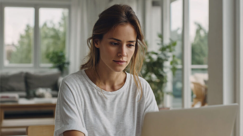 Peinzende vrouw in wit shirt kijkt aandachtig naar haar laptop in een lichte woonkamer terwijl ze online medicatie bestelt